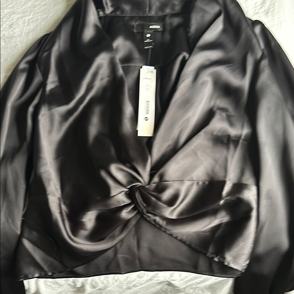 Aidan Mattox Black Satin Twist Front Blouse